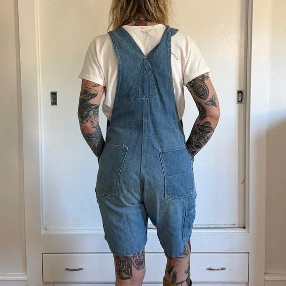Vintage 1970s Gap Denim Shorts Medium Wash Workwear Overalls Carpenter - Picture 4 of 9